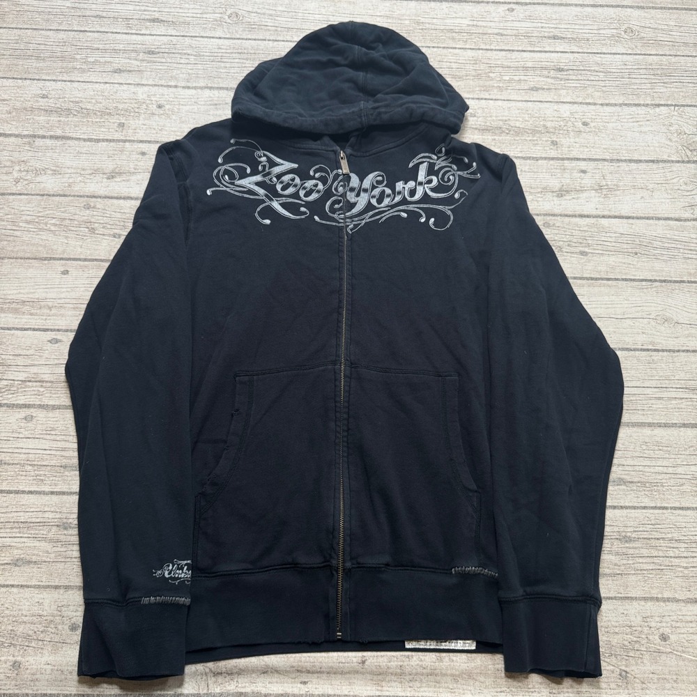Y2K Zoo York Hoodie Men's L Black Zip Up Skull Graphic Skater Grunge Streetwear